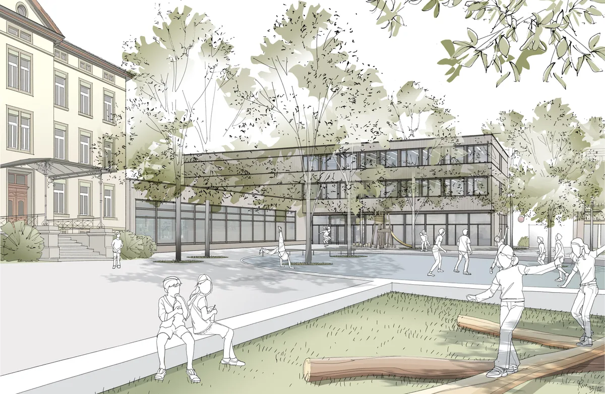 Man sieht eine Visualisierung des neuen Primarschulhauses in Rüti.